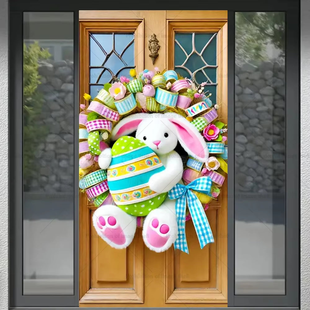 Happy Easter Theme Background Spring Door Cover Wreath Design Veranda Bunny Flower Eggs Cute Rabbit Baby Party Decoration Gift