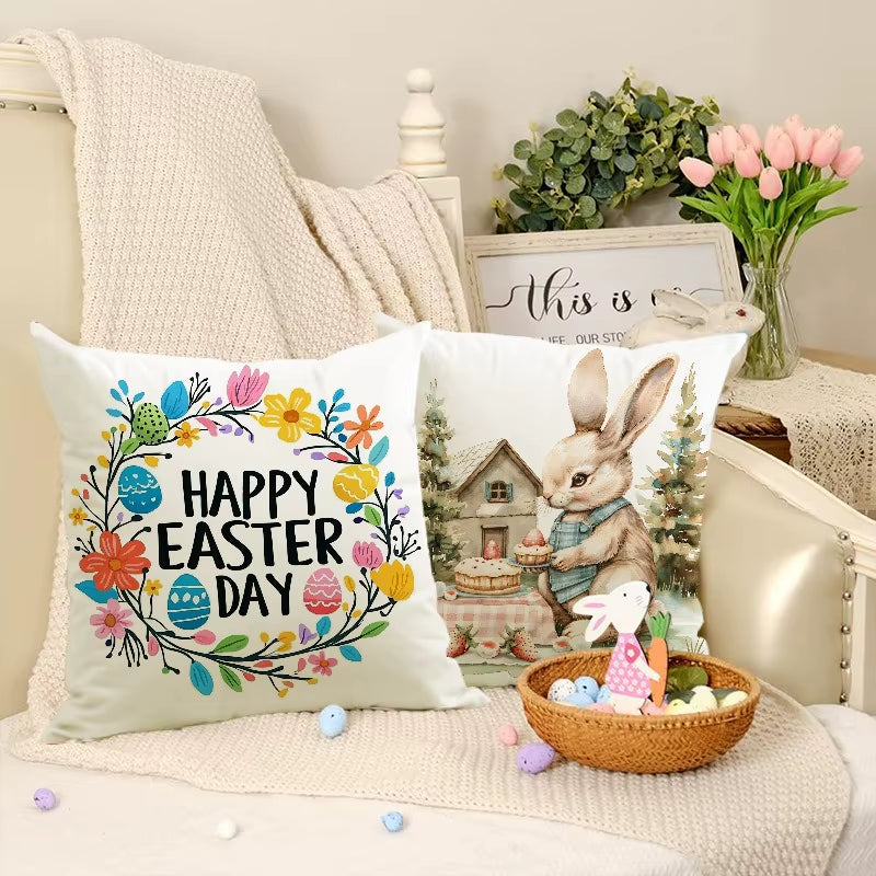 Easter Cute Bunny Print Pattern Home Decor Pillowcase Bedroom Living Room Sofa Decoration Polyester Cushion Cover with Zipper