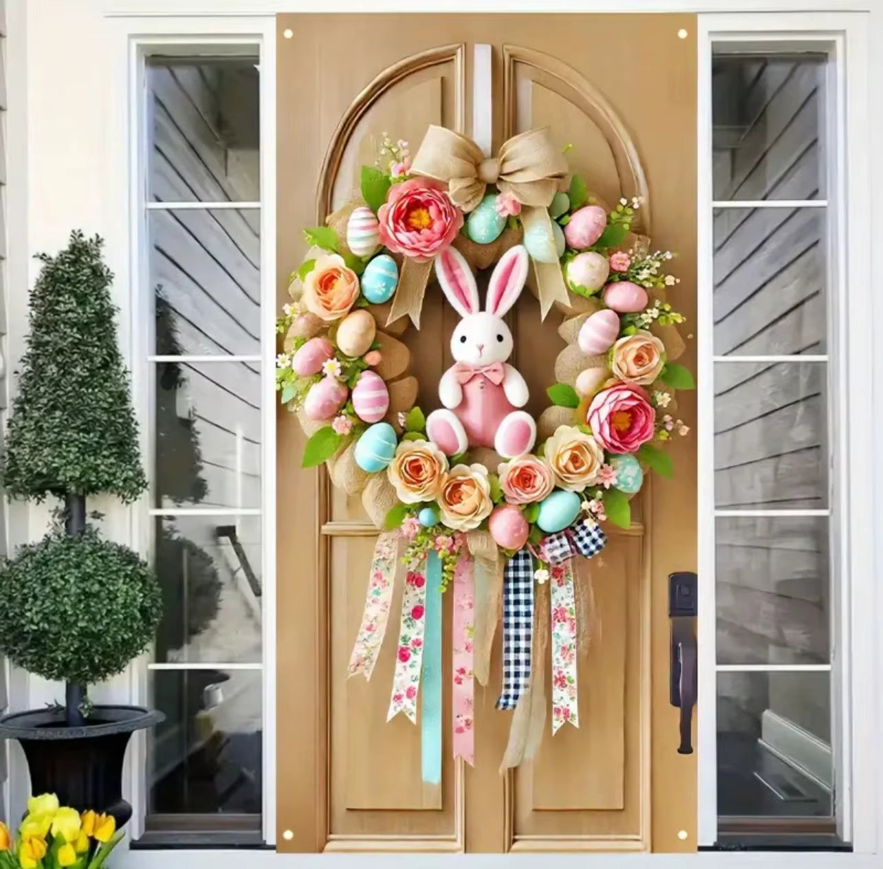 Happy Easter Theme Background Spring Door Cover Wreath Design Veranda Bunny Flower Eggs Cute Rabbit Baby Party Decoration Gift