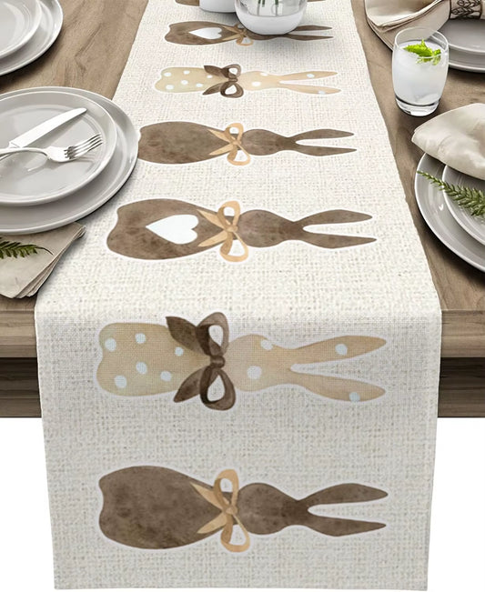 Easter Rabbit Bunny Love Heart Linen Table Runner Party Decor Reusable Farmhouse Kitchen Dining Table Runner Easter Decorations