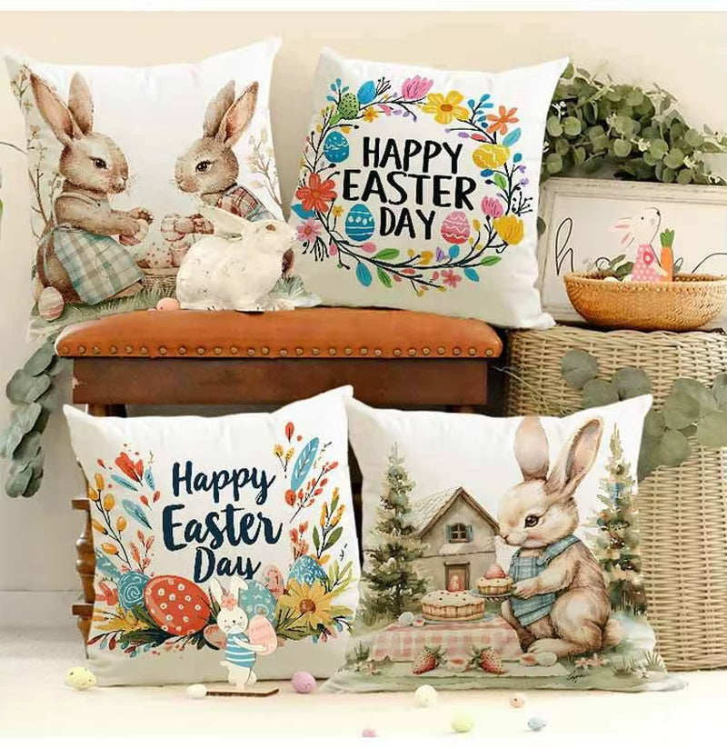 Easter Cute Bunny Print Pattern Home Decor Pillowcase Bedroom Living Room Sofa Decoration Polyester Cushion Cover with Zipper