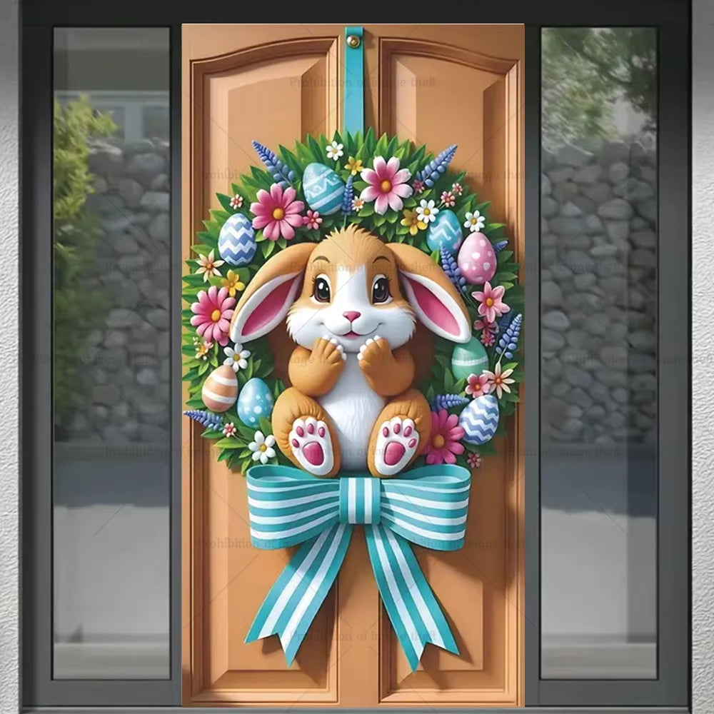 Happy Easter Theme Background Spring Door Cover Wreath Design Veranda Bunny Flower Eggs Cute Rabbit Baby Party Decoration Gift