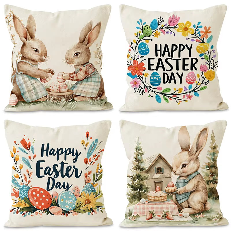 Easter Cute Bunny Print Pattern Home Decor Pillowcase Bedroom Living Room Sofa Decoration Polyester Cushion Cover with Zipper