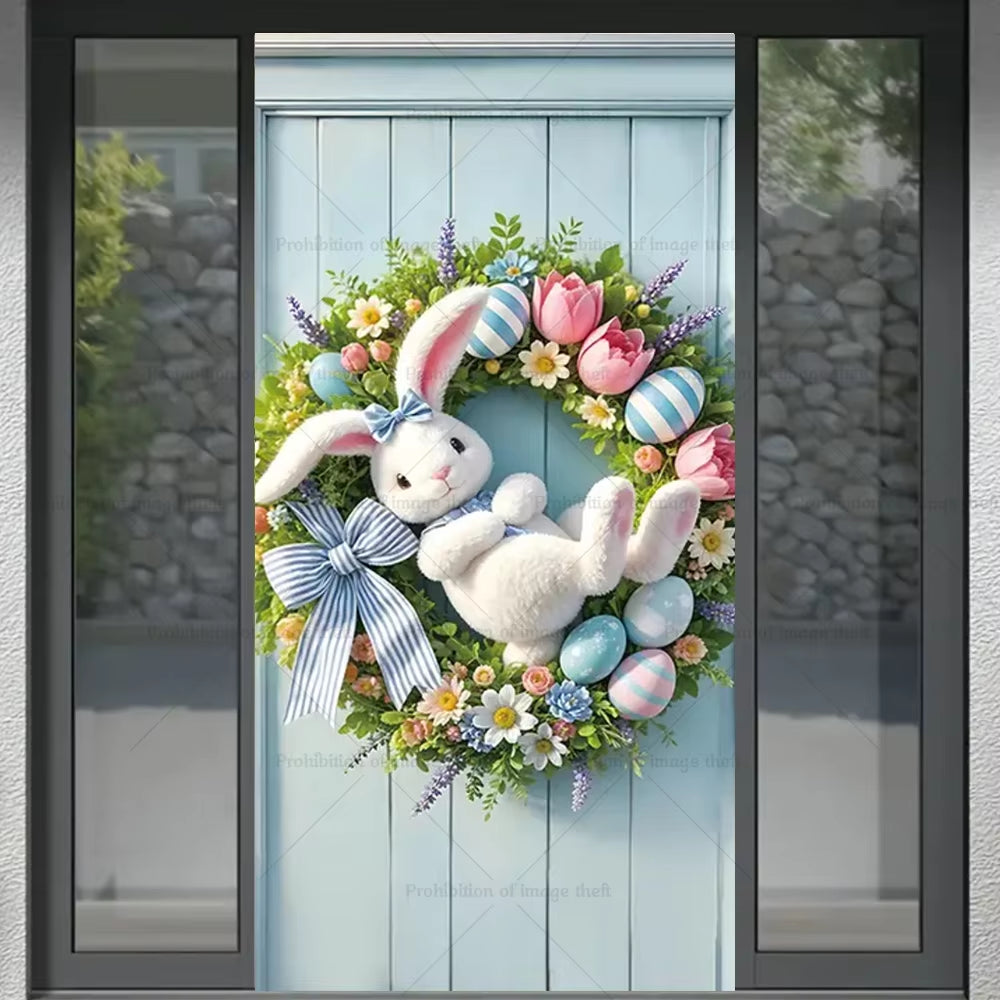 Happy Easter Theme Background Spring Door Cover Wreath Design Veranda Bunny Flower Eggs Cute Rabbit Baby Party Decoration Gift