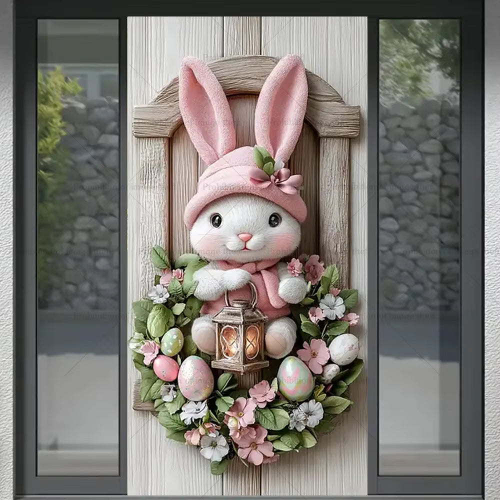 Happy Easter Theme Background Spring Door Cover Wreath Design Veranda Bunny Flower Eggs Cute Rabbit Baby Party Decoration Gift