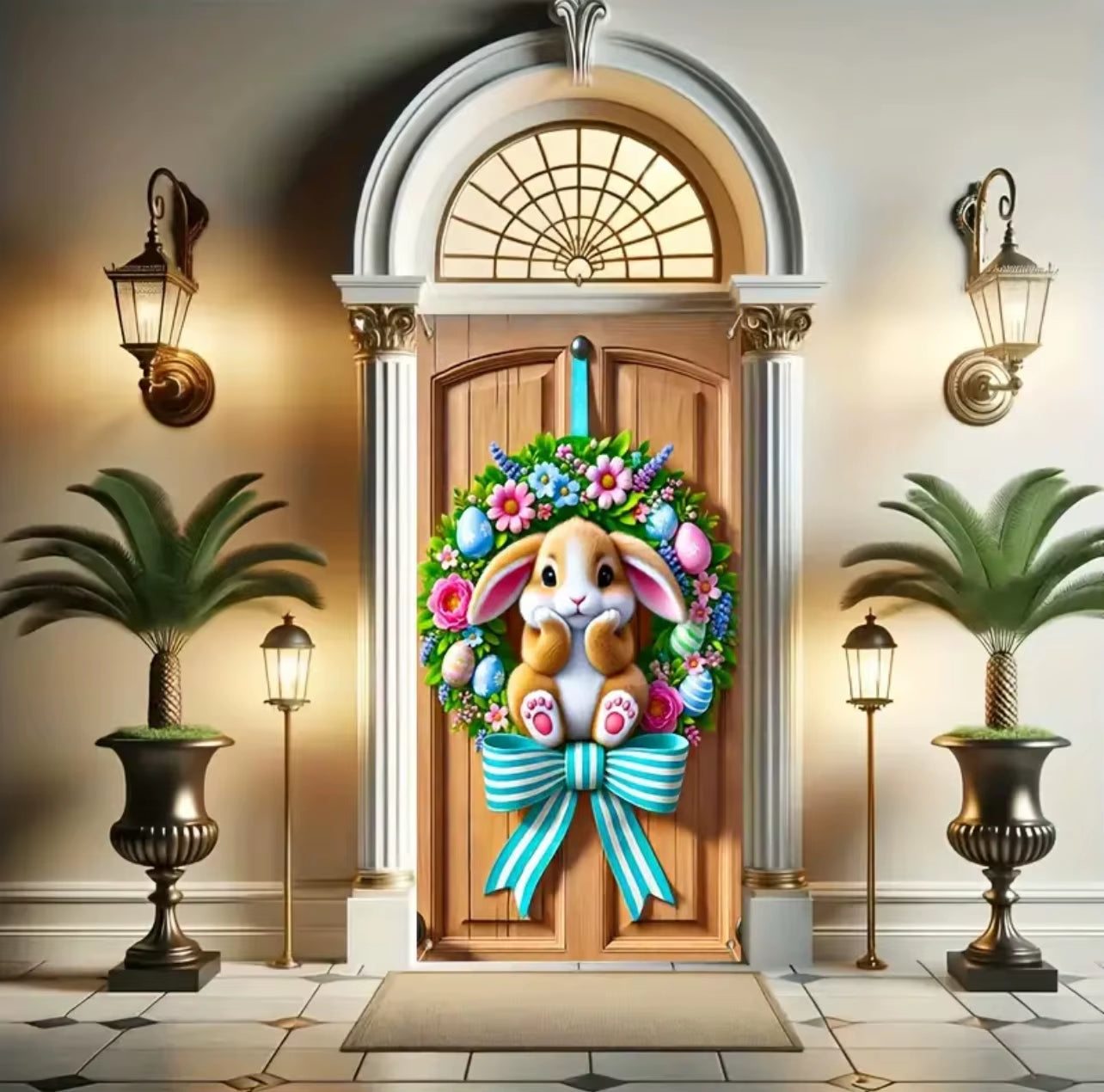 Happy Easter Theme Background Spring Door Cover Wreath Design Veranda Bunny Flower Eggs Cute Rabbit Baby Party Decoration Gift