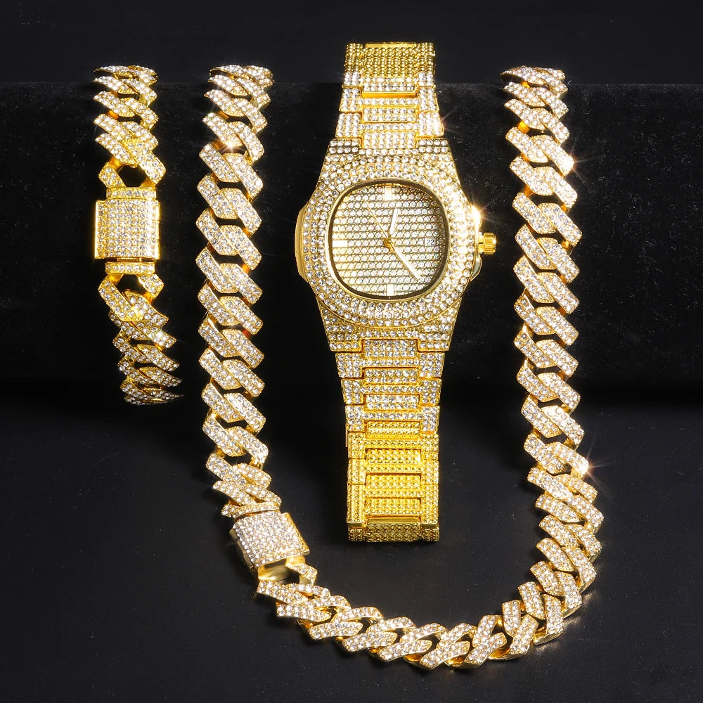 Gold Color Cuban Chain Watch for Men,Hip Hop Miami Curb,Iced Out Paved Rhinestones,Bling Rapper Necklace, Watch+Bracelet Jewelry