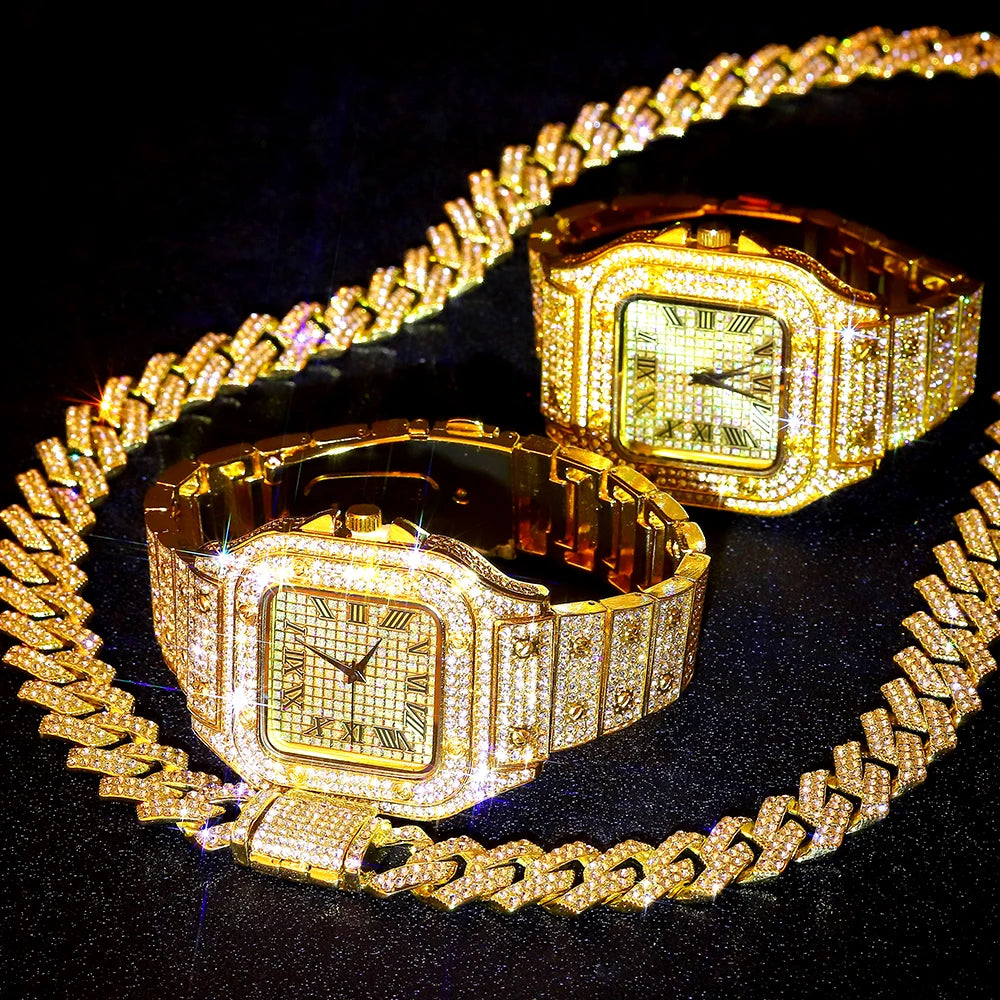 Gold Color Cuban Chain Watch for Men,Hip Hop Miami Curb,Iced Out Paved Rhinestones,Bling Rapper Necklace, Watch+Bracelet Jewelry