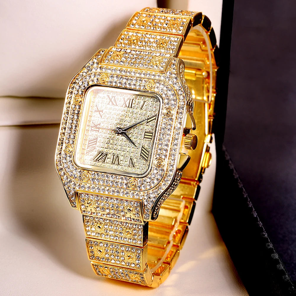 Gold Color Cuban Chain Watch for Men,Hip Hop Miami Curb,Iced Out Paved Rhinestones,Bling Rapper Necklace, Watch+Bracelet Jewelry