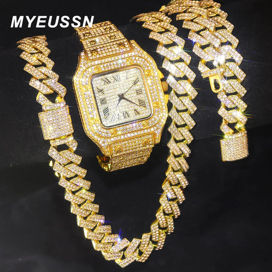 Gold Color Cuban Chain Watch for Men,Hip Hop Miami Curb,Iced Out Paved Rhinestones,Bling Rapper Necklace, Watch+Bracelet Jewelry