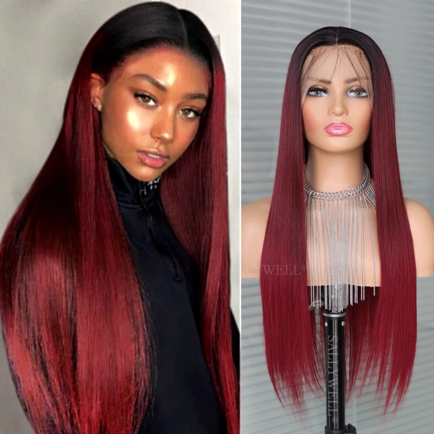 13x4 Burgundy Straight Lace Front Wig 3T Color Wig  With Natural Hairline Heat Resistant Fiber Hair Synthetic Wig Pre Plucked