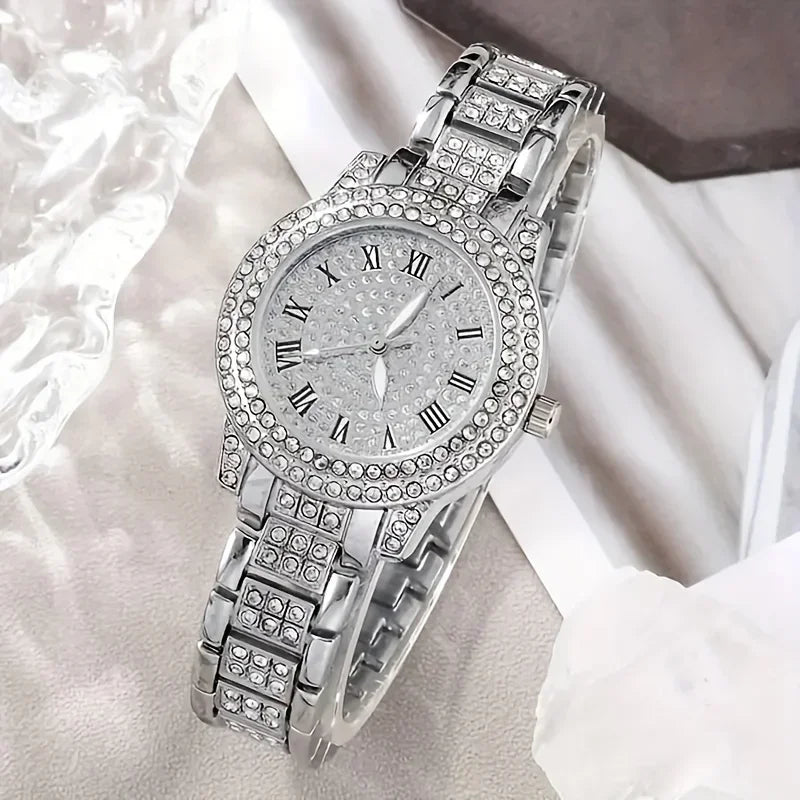 Glamorous 6pcs/set Womens Luxury Rhinestone Quartz Watch with Rome Numerals - Stylish Analog Wrist Jewelry Set, Perfect