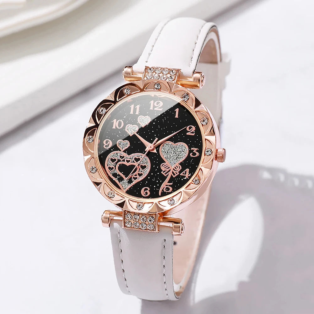 4pcs/set Women's Shiny Rhinestone Quartz Watch Analog PU Leather Wrist Watch & Faux Pearl Jewelry Set Gift For Mom Her ﻿