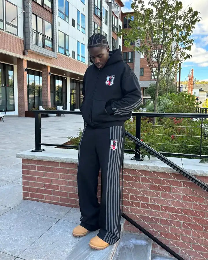 Mens Striped Zip Up Hoodie Sweatpants Two Piece Set Y2K Sportswear Harajuku Embroidery Oversized Sweatshirt Drawstr Pants Set