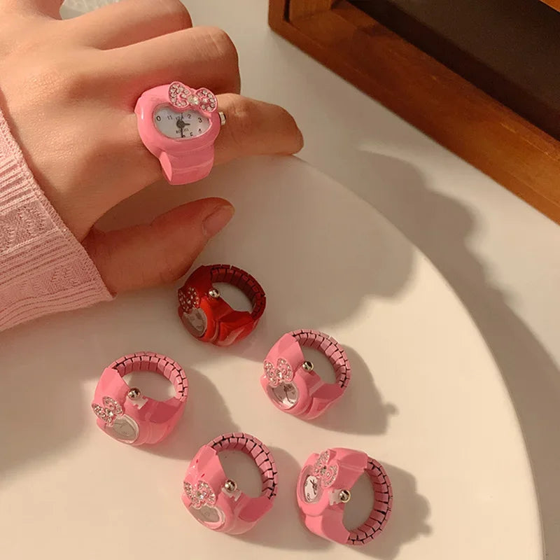 Sanrio Hello Kitty Watch Ring, Cute Kt Cat Bow, Rhinestone Clock Ring, Girls Jewelry, Kids Gifts, Kawaii Toys