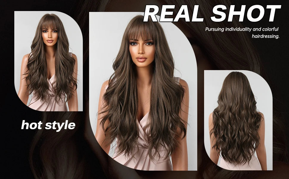 Brown Wavy Wigs for Women with Bangs Long Natural Synthetic Hair Wig Daily Cosplay Heat Resistant