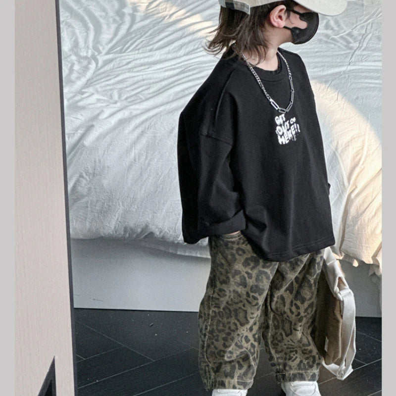 Hip Hop Casual Loose Children's Pants Children's Four Seasons Pure Cotton Leopard Pattern Jeans Trendy Casual Pants