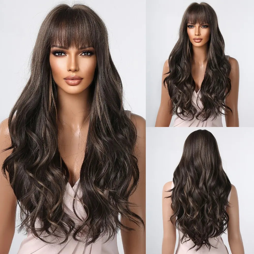 Brown Wavy Wigs for Women with Bangs Long Natural Synthetic Hair Wig Daily Cosplay Heat Resistant