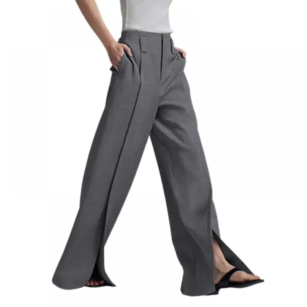 Yeezzi Urban Female Suit Pants 2024 New Fashion Black White Color Loose Straight Pant High-Waisted Pleated Split-Front Trousers