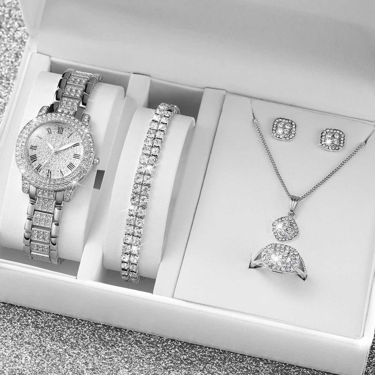 6PCS/Set Women's Watch Fashion Full Diamond Steel Band Analog Quartz Watches Jewelry Set(Without Box)