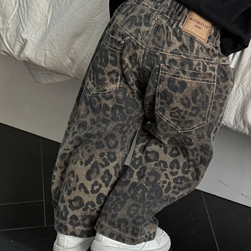 Hip Hop Casual Loose Children's Pants Children's Four Seasons Pure Cotton Leopard Pattern Jeans Trendy Casual Pants