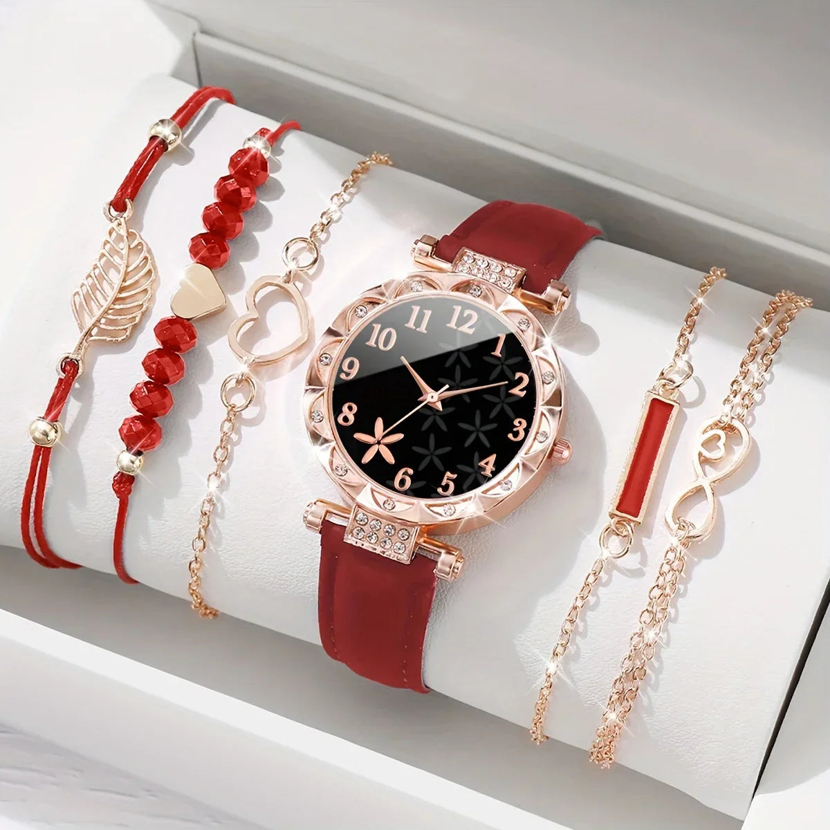 6 Pcs Red Quartz Watches PU Leather Strap Zinc Alloy Pointer And Bracelet Jewelry For Women Not Contain Watch Box