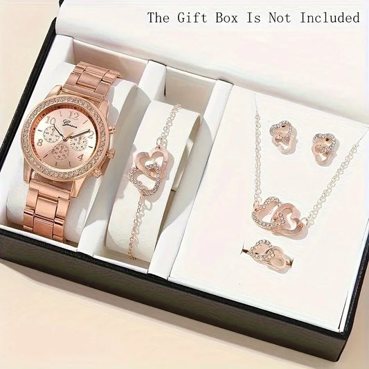 Gorgeous 6pcs Set, 1pc Women's Quartz Watch & 5pcs Heart-Shaped Rhinestone Jewelry