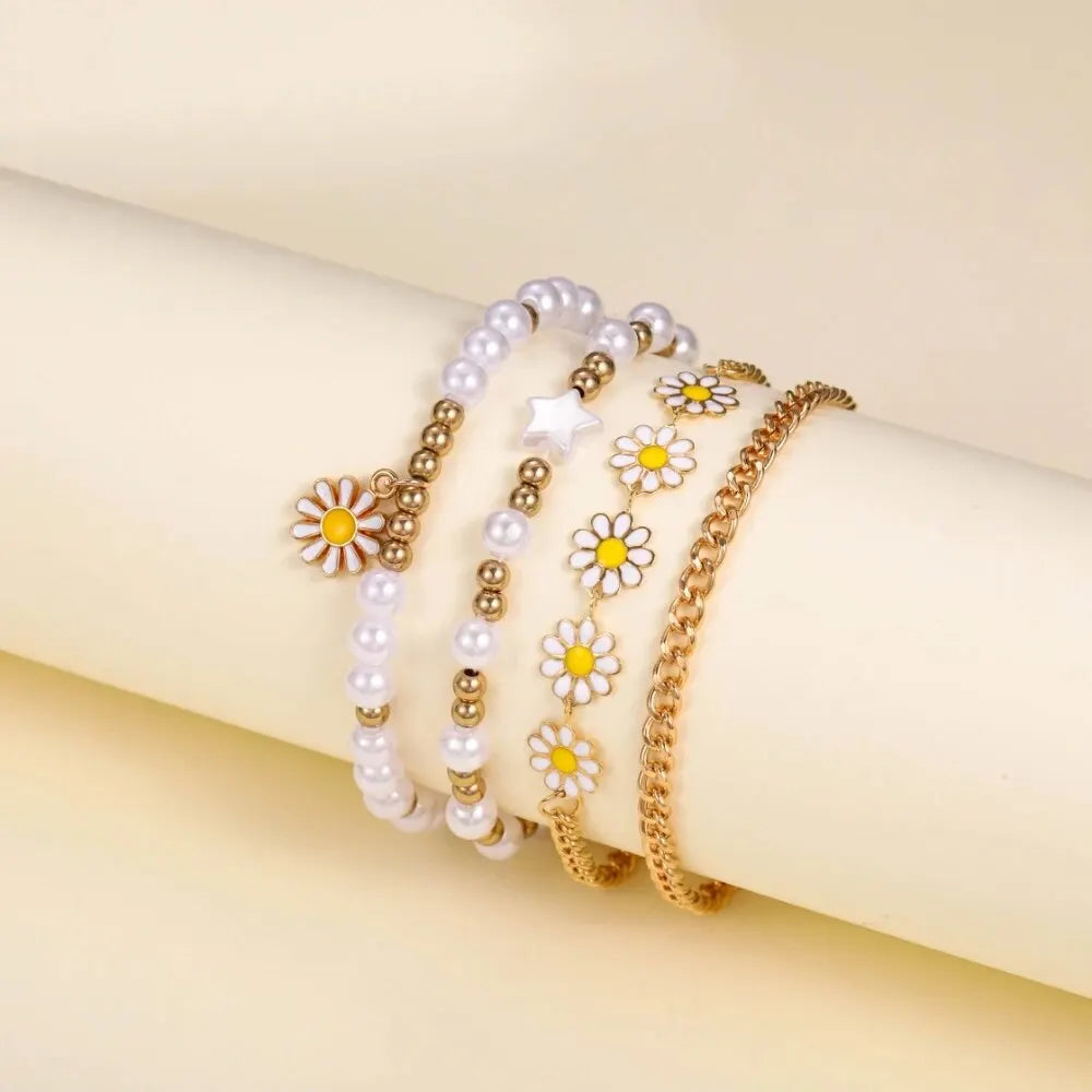 5pcs Set Of New Girls Lovely Creative Pentagram Daisy Pearl String Handmade Bracelet Watch Set