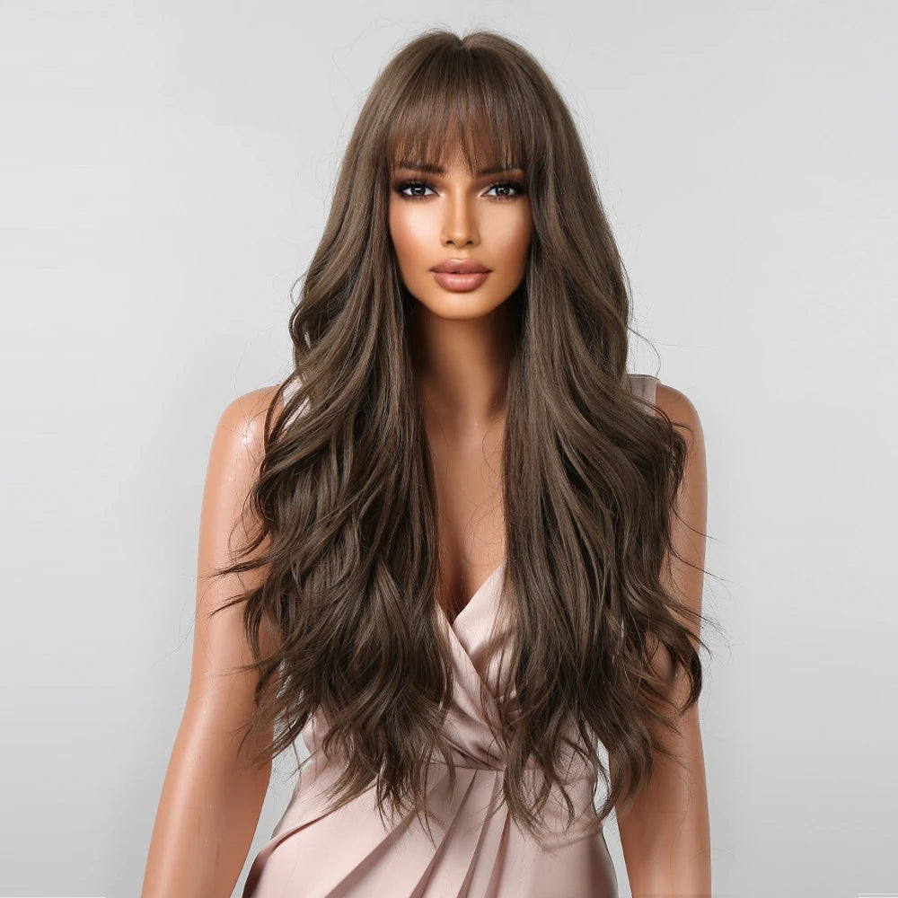 Brown Wavy Wigs for Women with Bangs Long Natural Synthetic Hair Wig Daily Cosplay Heat Resistant