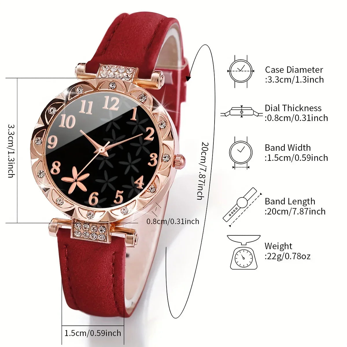 6 Pcs Red Quartz Watches PU Leather Strap Zinc Alloy Pointer And Bracelet Jewelry For Women Not Contain Watch Box