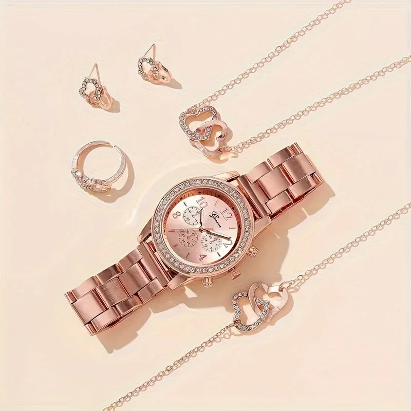 Gorgeous 6pcs Set, 1pc Women's Quartz Watch & 5pcs Heart-Shaped Rhinestone Jewelry