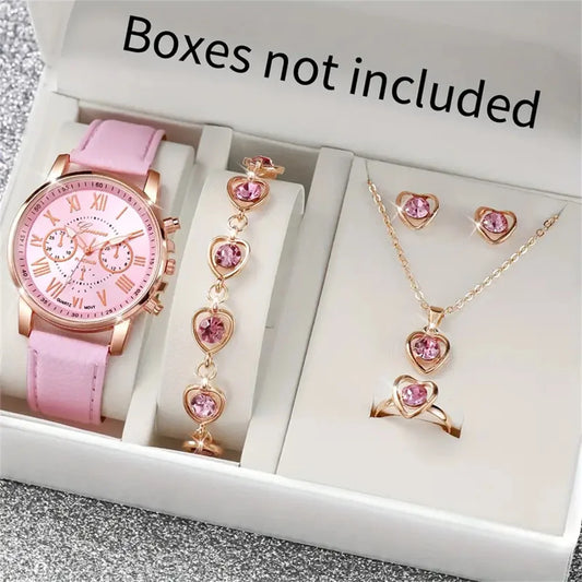 6PCS/Set Fashion Women's Quartz Watch Leather Band Analog Wrist Watches Heart Rhinestone Jewelry Set(Without Box)