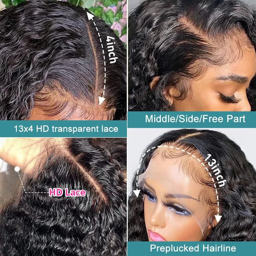 250 Density 13X6 HD Transparent Deep Water Wave Curly Human Hair Lace Frontal Wig 30 34 Inch 13X4 Lace Front Human Hair Wigs