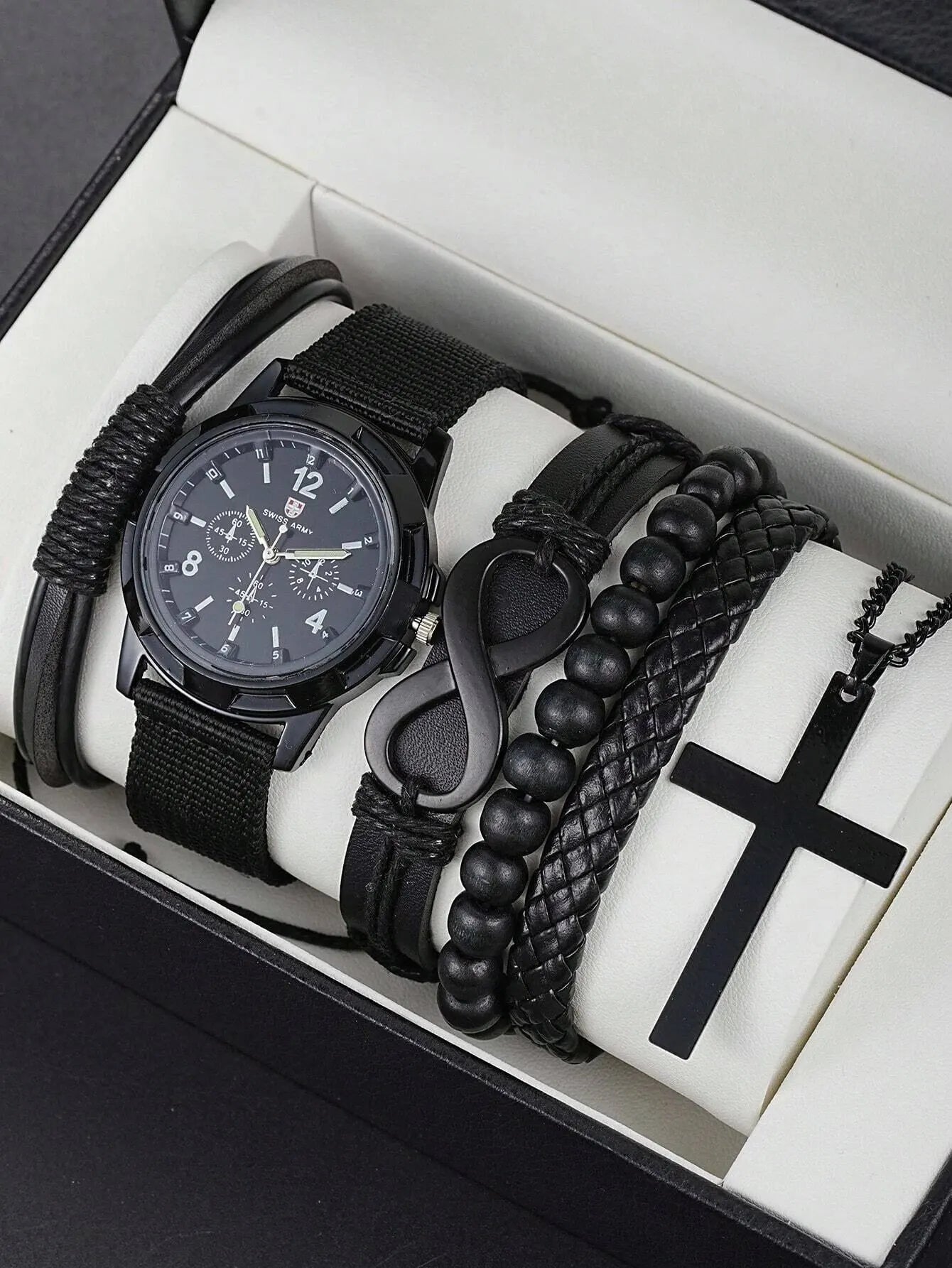 6pcs_Set Fashionable Pu Leather '8' Shape Beaded Bracelet With Mechanical Watch, Cross Pendant Necklace For Men, Black-Colored