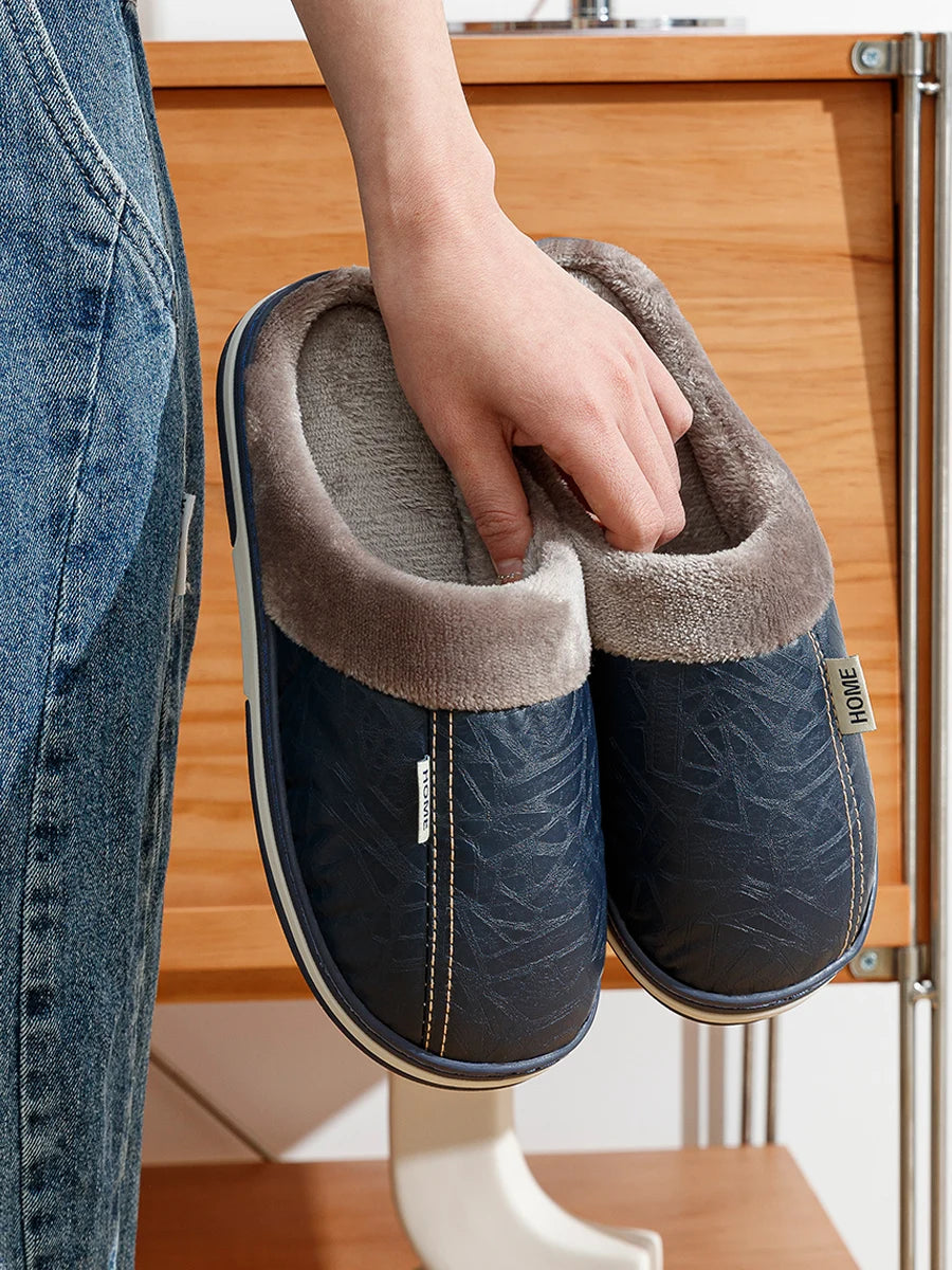 Big Size Winter Casual Men's Slippers Indoor Waterproof PU Leather Home Shoes Fur Flat Warm Fashion Bedroom Houseshoes