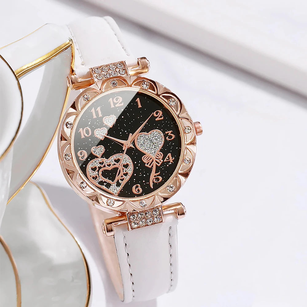 4pcs/set Women's Shiny Rhinestone Quartz Watch Analog PU Leather Wrist Watch & Faux Pearl Jewelry Set Gift For Mom Her ﻿