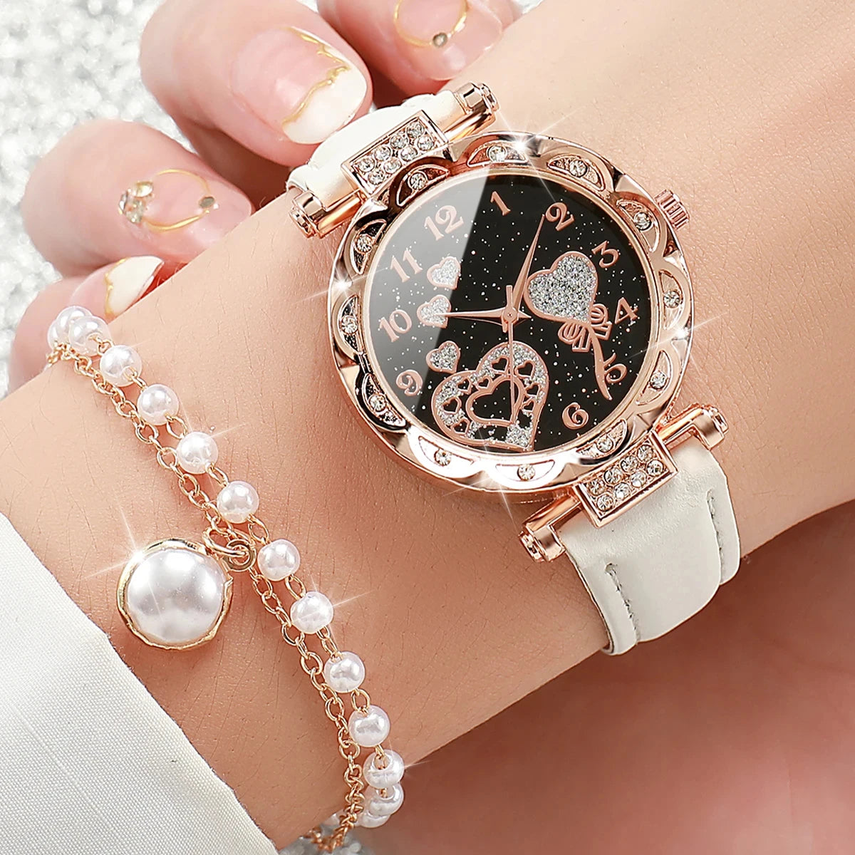 4pcs/set Women's Shiny Rhinestone Quartz Watch Analog PU Leather Wrist Watch & Faux Pearl Jewelry Set Gift For Mom Her ﻿