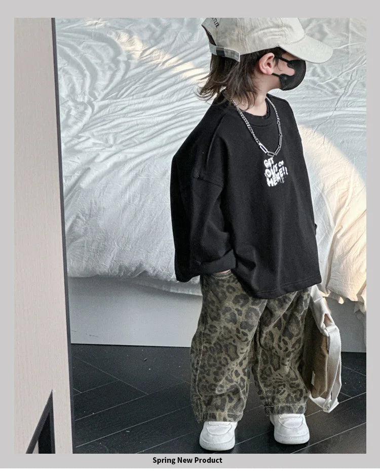 Hip Hop Casual Loose Children's Pants Children's Four Seasons Pure Cotton Leopard Pattern Jeans Trendy Casual Pants