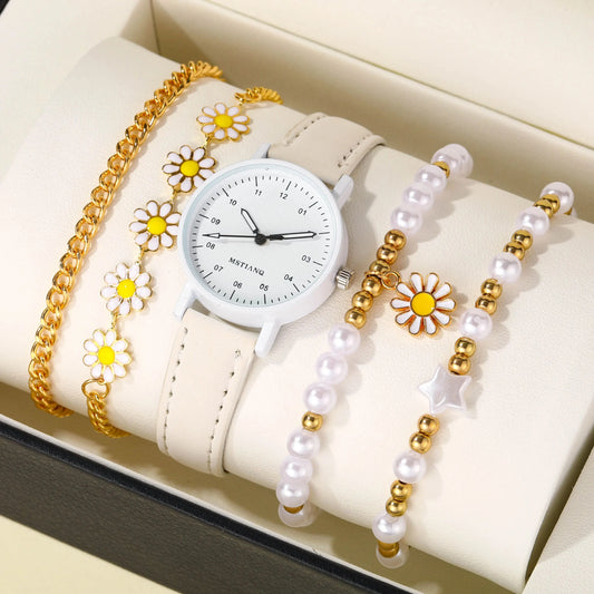 5pcs Set Of New Girls Lovely Creative Pentagram Daisy Pearl String Handmade Bracelet Watch Set