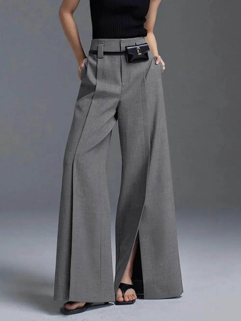 Yeezzi Urban Female Suit Pants 2024 New Fashion Black White Color Loose Straight Pant High-Waisted Pleated Split-Front Trousers