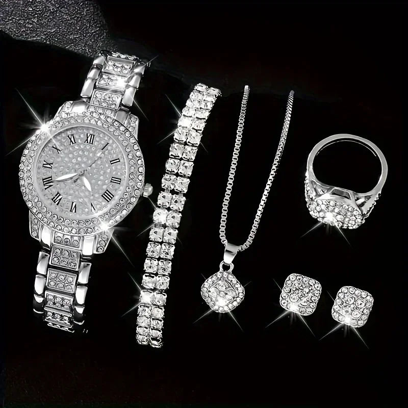 Glamorous 6pcs/set Womens Luxury Rhinestone Quartz Watch with Rome Numerals - Stylish Analog Wrist Jewelry Set, Perfect