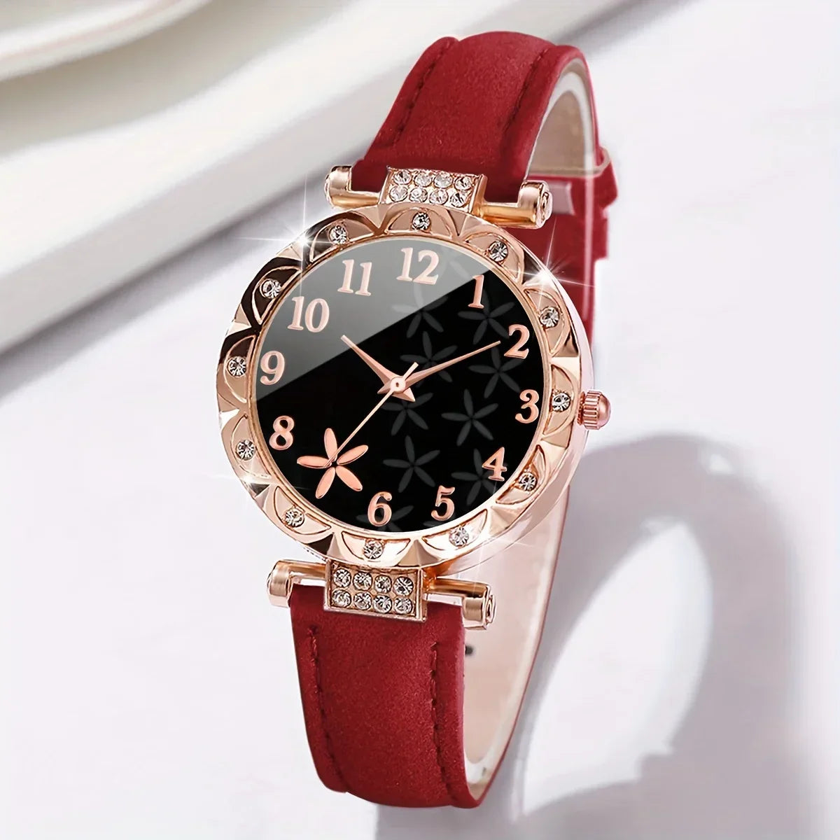 6 Pcs Red Quartz Watches PU Leather Strap Zinc Alloy Pointer And Bracelet Jewelry For Women Not Contain Watch Box