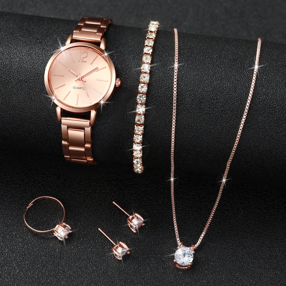 6PCS/Set Women's Watch Fashion Stainless Steel Band Analog Quartz Watches Diamond Jewelry Set(Without Box)