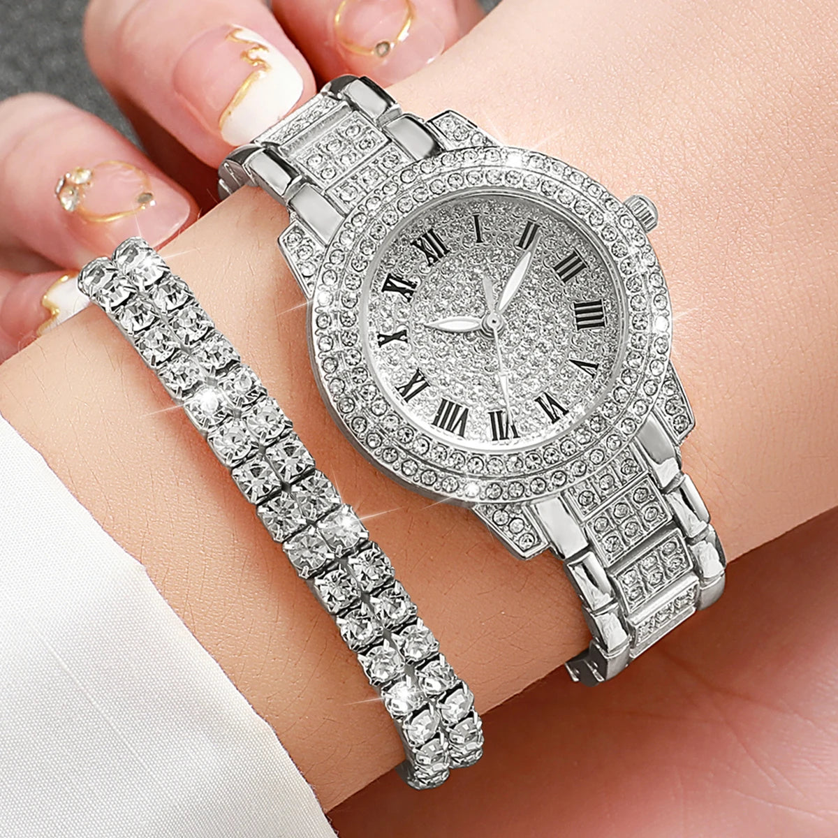 6PCS/Set Women's Watch Fashion Full Diamond Steel Band Analog Quartz Watches Jewelry Set(Without Box)