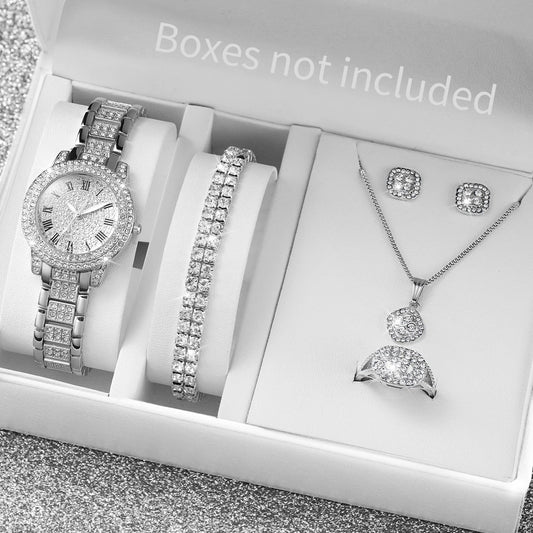 6PCS/Set Women's Watch Fashion Full Diamond Steel Band Analog Quartz Watches Jewelry Set(Without Box)