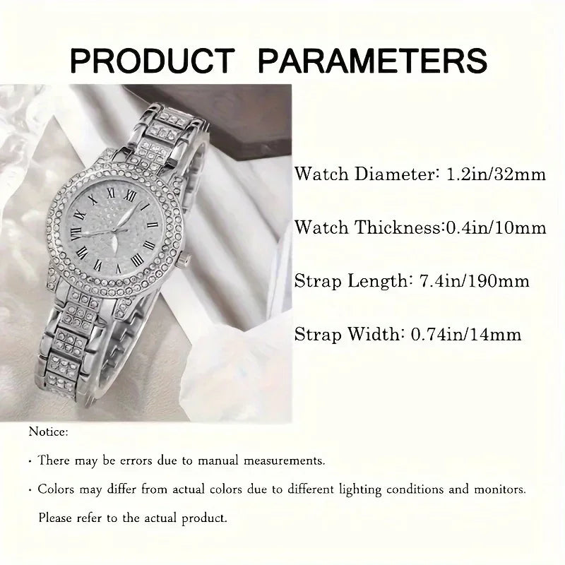 Glamorous 6pcs/set Womens Luxury Rhinestone Quartz Watch with Rome Numerals - Stylish Analog Wrist Jewelry Set, Perfect