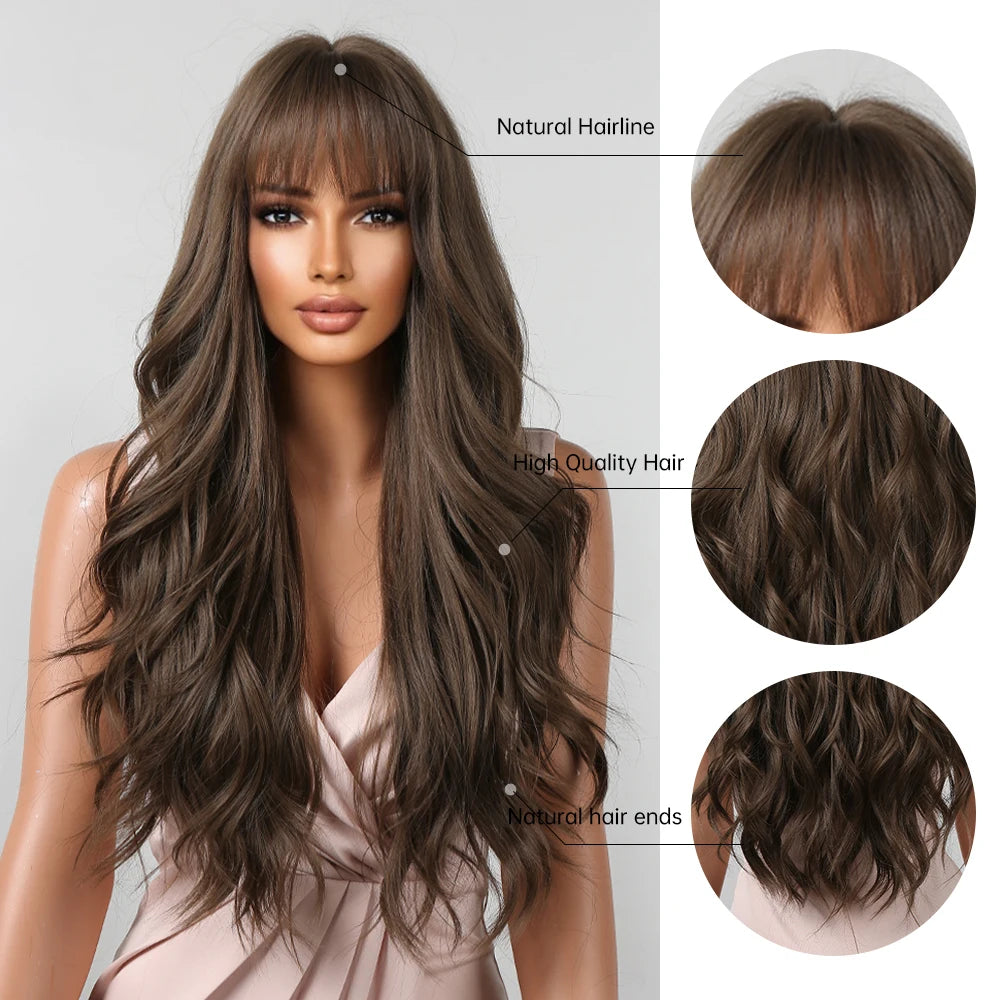 Brown Wavy Wigs for Women with Bangs Long Natural Synthetic Hair Wig Daily Cosplay Heat Resistant