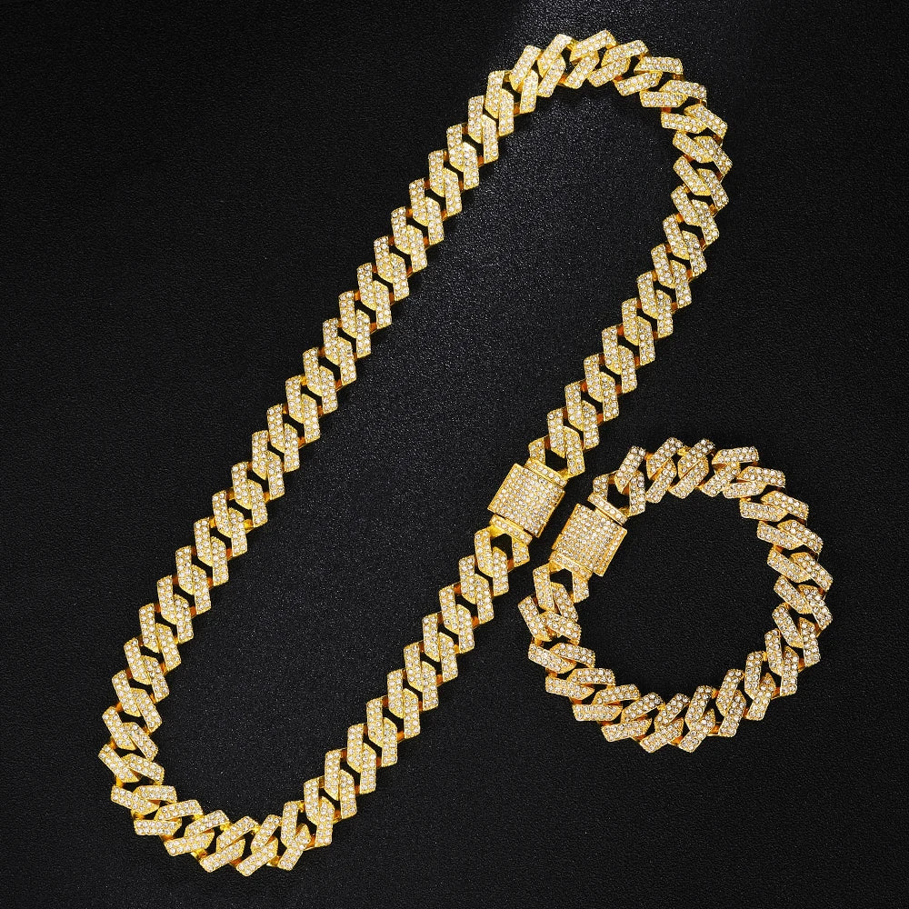 Gold Color Cuban Chain Watch for Men,Hip Hop Miami Curb,Iced Out Paved Rhinestones,Bling Rapper Necklace, Watch+Bracelet Jewelry