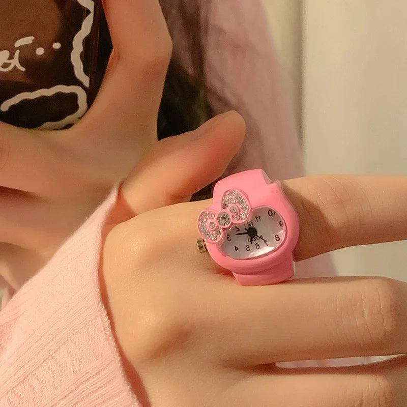 Sanrio Hello Kitty Watch Ring, Cute Kt Cat Bow, Rhinestone Clock Ring, Girls Jewelry, Kids Gifts, Kawaii Toys