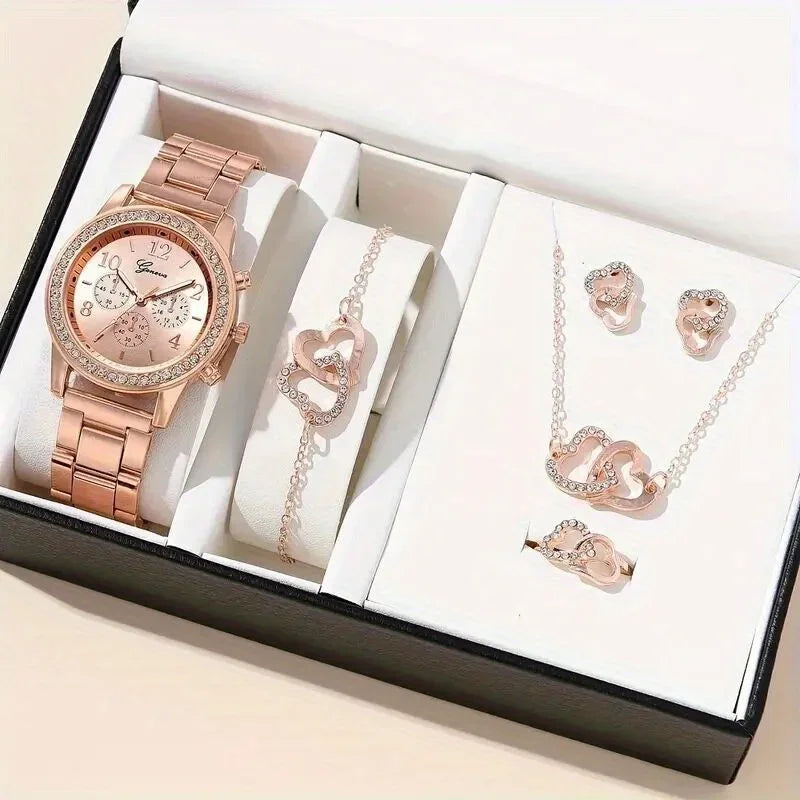 Gorgeous 6pcs Set, 1pc Women's Quartz Watch & 5pcs Heart-Shaped Rhinestone Jewelry